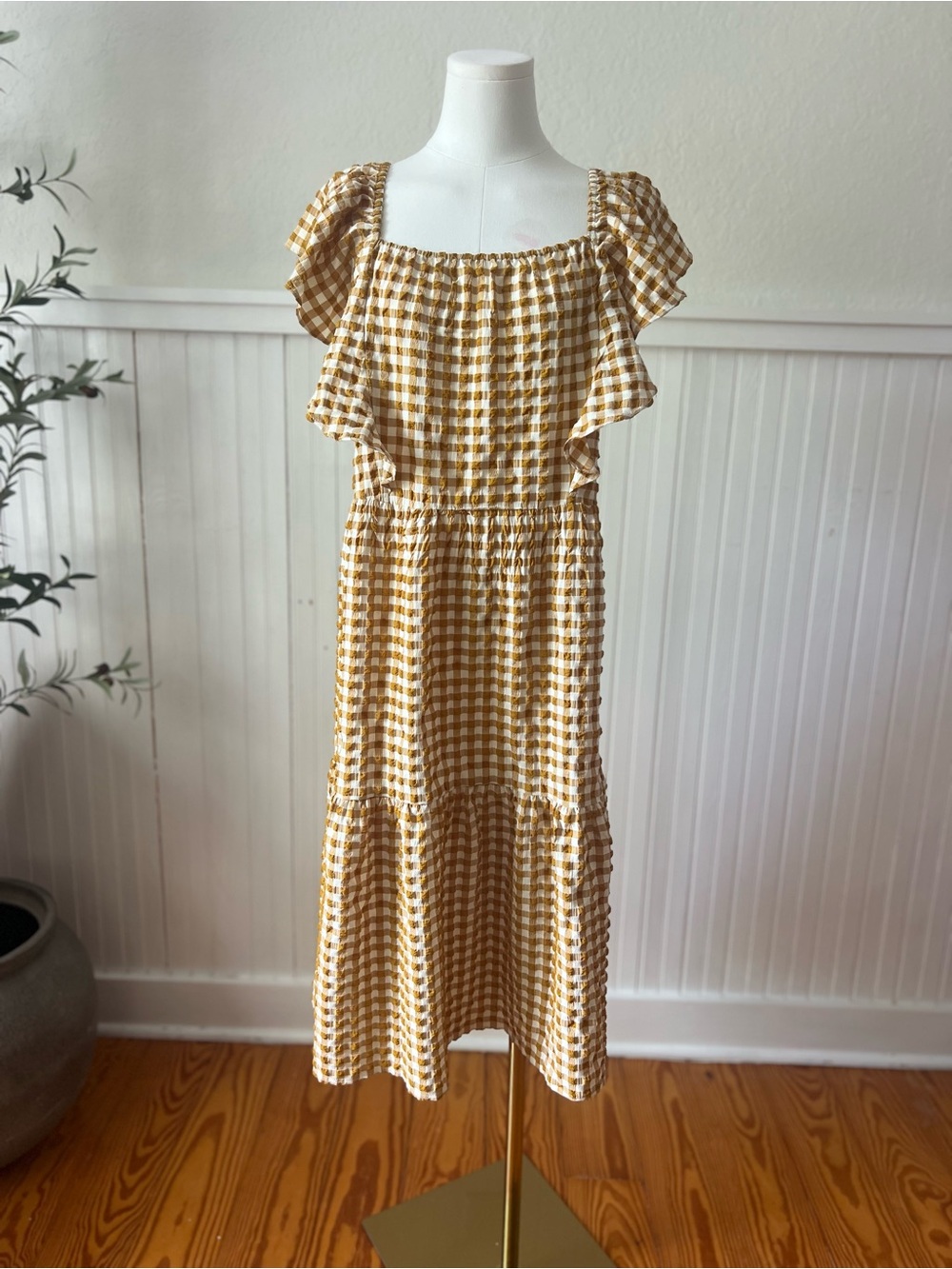 Carly Jean Los Angeles Gingham Midi Dress L/XL Mustard Cottage Prairie Western